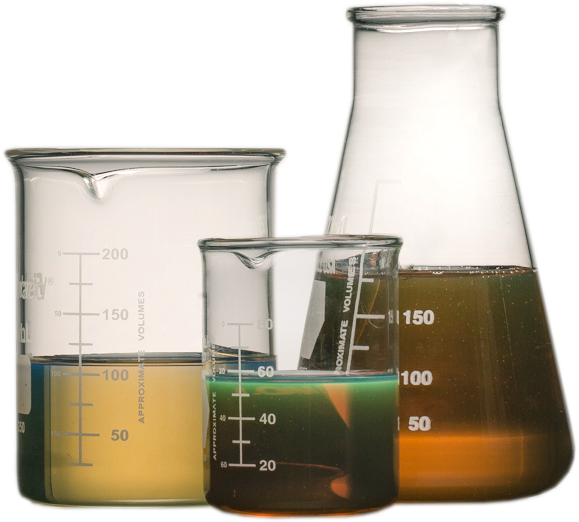 A group of three beakers containing chemicals